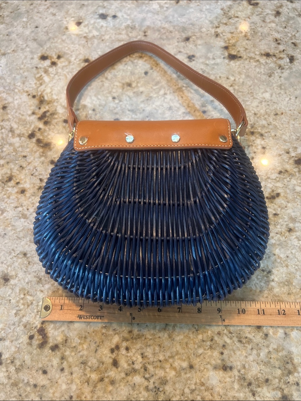 BEAUTIFUL  J. McLaughlin NAVY Wicker Shoulder Bag w brown leather strap - Picture 8 of 11